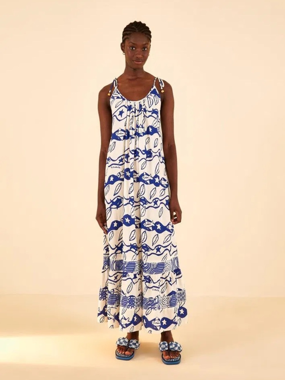 FARM Rio Blue & White Printed Tie-Shoulder Maxi Dress